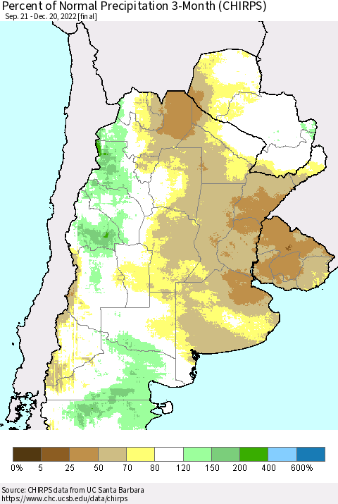 Southern South America Percent of Normal Precipitation 3-Month (CHIRPS) Thematic Map For 9/21/2022 - 12/20/2022