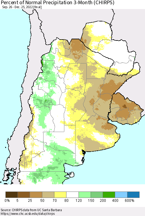 Southern South America Percent of Normal Precipitation 3-Month (CHIRPS) Thematic Map For 9/26/2022 - 12/25/2022