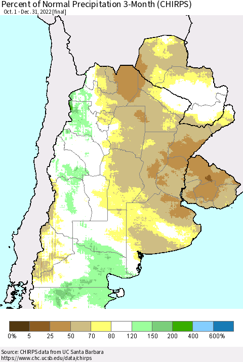 Southern South America Percent of Normal Precipitation 3-Month (CHIRPS) Thematic Map For 10/1/2022 - 12/31/2022