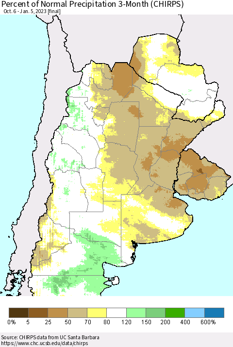 Southern South America Percent of Normal Precipitation 3-Month (CHIRPS) Thematic Map For 10/6/2022 - 1/5/2023
