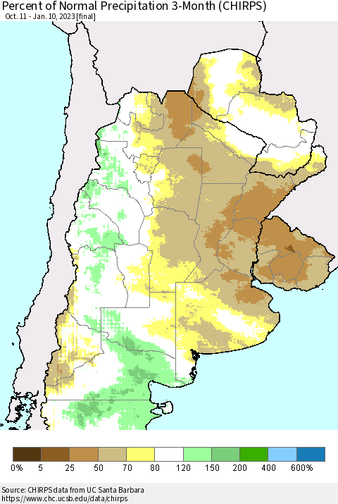 Southern South America Percent of Normal Precipitation 3-Month (CHIRPS) Thematic Map For 10/11/2022 - 1/10/2023