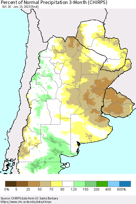 Southern South America Percent of Normal Precipitation 3-Month (CHIRPS) Thematic Map For 10/16/2022 - 1/15/2023