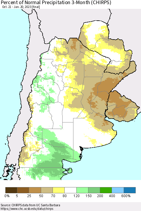 Southern South America Percent of Normal Precipitation 3-Month (CHIRPS) Thematic Map For 10/21/2022 - 1/20/2023