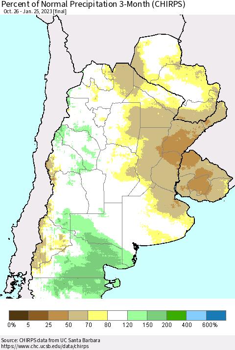 Southern South America Percent of Normal Precipitation 3-Month (CHIRPS) Thematic Map For 10/26/2022 - 1/25/2023