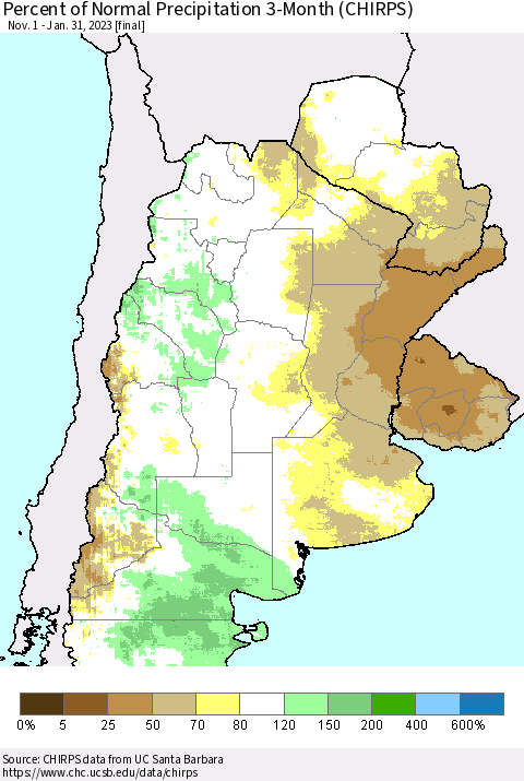 Southern South America Percent of Normal Precipitation 3-Month (CHIRPS) Thematic Map For 11/1/2022 - 1/31/2023