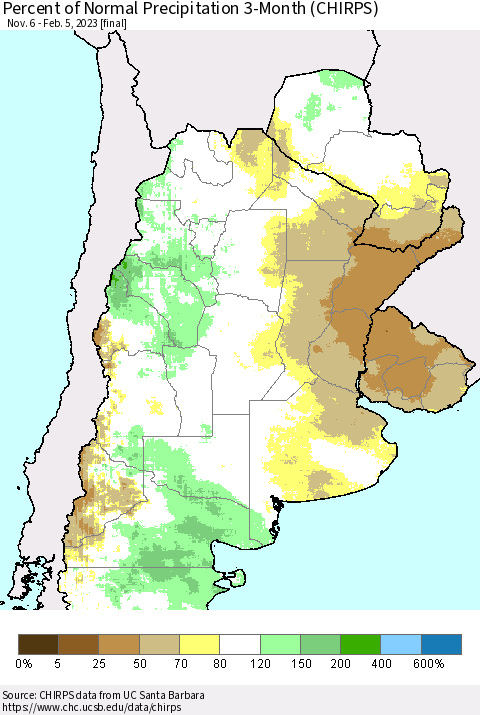 Southern South America Percent of Normal Precipitation 3-Month (CHIRPS) Thematic Map For 11/6/2022 - 2/5/2023