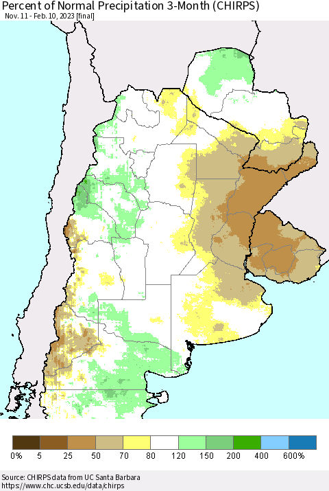 Southern South America Percent of Normal Precipitation 3-Month (CHIRPS) Thematic Map For 11/11/2022 - 2/10/2023