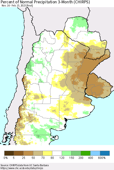 Southern South America Percent of Normal Precipitation 3-Month (CHIRPS) Thematic Map For 11/16/2022 - 2/15/2023