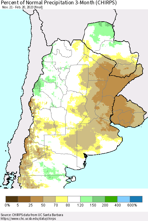 Southern South America Percent of Normal Precipitation 3-Month (CHIRPS) Thematic Map For 11/21/2022 - 2/20/2023
