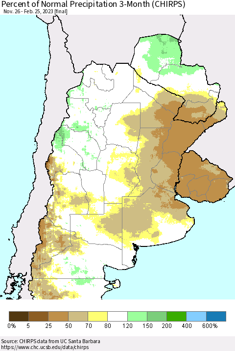 Southern South America Percent of Normal Precipitation 3-Month (CHIRPS) Thematic Map For 11/26/2022 - 2/25/2023