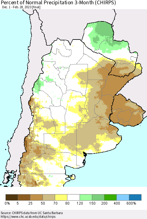Southern South America Percent of Normal Precipitation 3-Month (CHIRPS) Thematic Map For 12/1/2022 - 2/28/2023