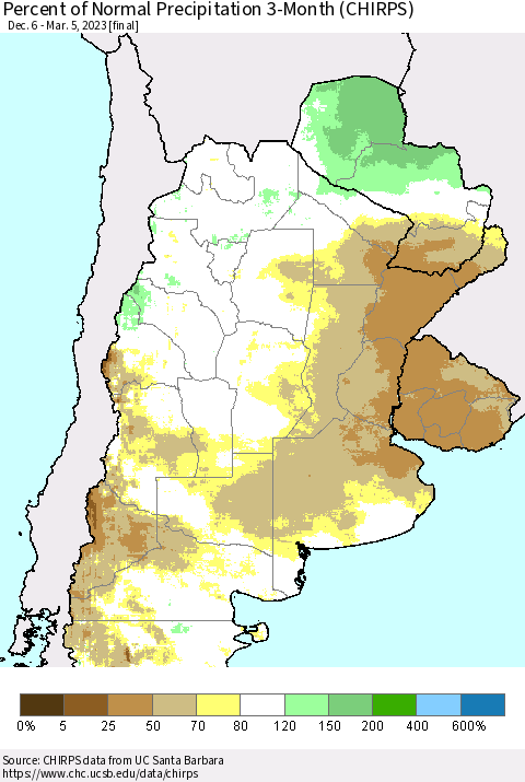 Southern South America Percent of Normal Precipitation 3-Month (CHIRPS) Thematic Map For 12/6/2022 - 3/5/2023