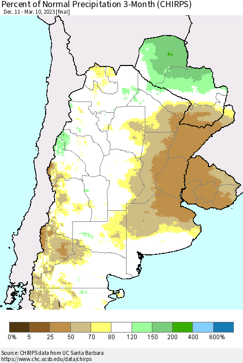 Southern South America Percent of Normal Precipitation 3-Month (CHIRPS) Thematic Map For 12/11/2022 - 3/10/2023