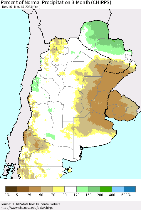 Southern South America Percent of Normal Precipitation 3-Month (CHIRPS) Thematic Map For 12/16/2022 - 3/15/2023
