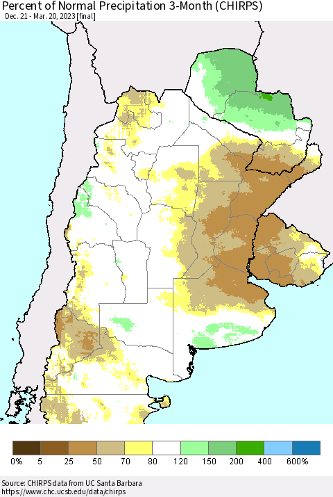 Southern South America Percent of Normal Precipitation 3-Month (CHIRPS) Thematic Map For 12/21/2022 - 3/20/2023