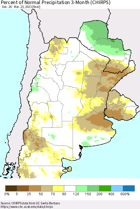 Southern South America Percent of Normal Precipitation 3-Month (CHIRPS) Thematic Map For 12/26/2022 - 3/25/2023