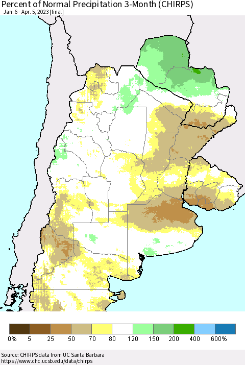 Southern South America Percent of Normal Precipitation 3-Month (CHIRPS) Thematic Map For 1/6/2023 - 4/5/2023