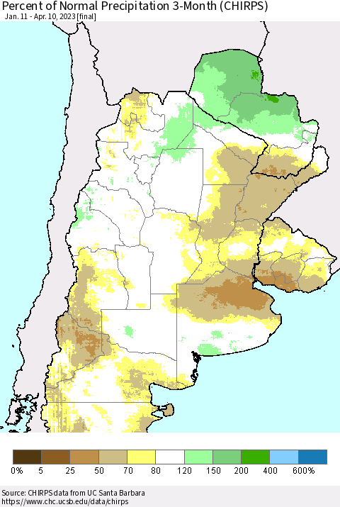 Southern South America Percent of Normal Precipitation 3-Month (CHIRPS) Thematic Map For 1/11/2023 - 4/10/2023