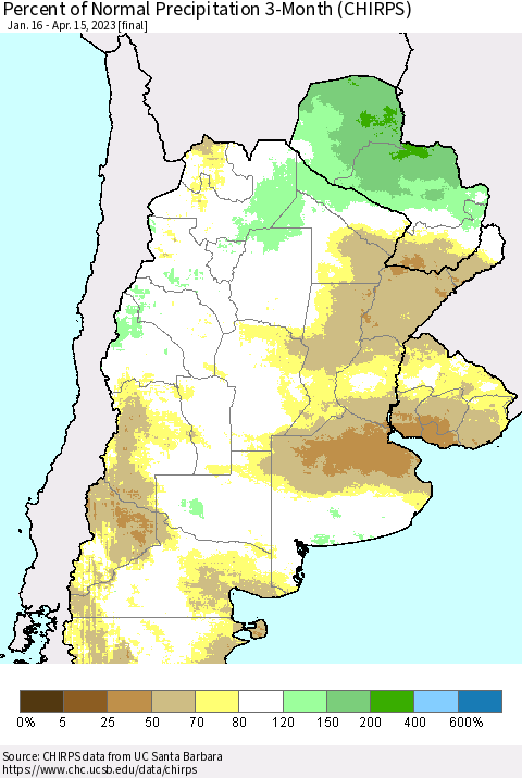 Southern South America Percent of Normal Precipitation 3-Month (CHIRPS) Thematic Map For 1/16/2023 - 4/15/2023