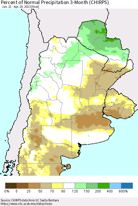 Southern South America Percent of Normal Precipitation 3-Month (CHIRPS) Thematic Map For 1/21/2023 - 4/20/2023