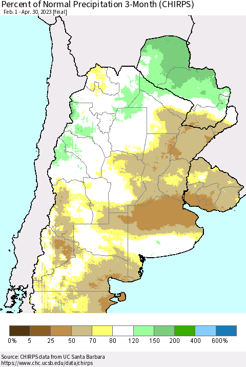 Southern South America Percent of Normal Precipitation 3-Month (CHIRPS) Thematic Map For 2/1/2023 - 4/30/2023