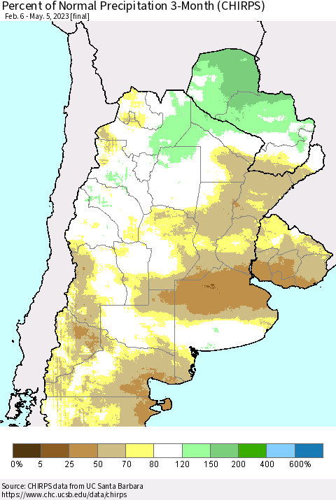 Southern South America Percent of Normal Precipitation 3-Month (CHIRPS) Thematic Map For 2/6/2023 - 5/5/2023