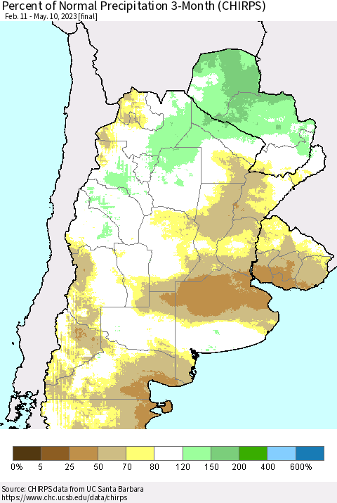 Southern South America Percent of Normal Precipitation 3-Month (CHIRPS) Thematic Map For 2/11/2023 - 5/10/2023