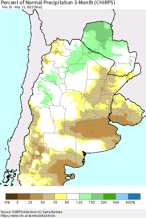 Southern South America Percent of Normal Precipitation 3-Month (CHIRPS) Thematic Map For 2/16/2023 - 5/15/2023