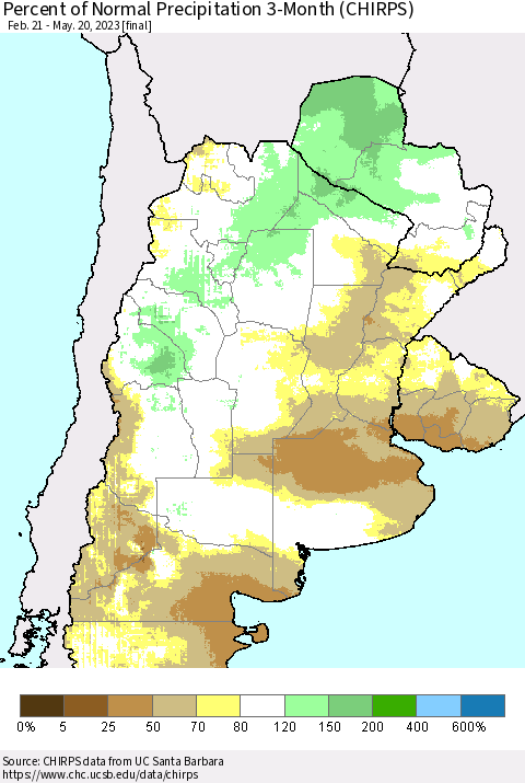 Southern South America Percent of Normal Precipitation 3-Month (CHIRPS) Thematic Map For 2/21/2023 - 5/20/2023