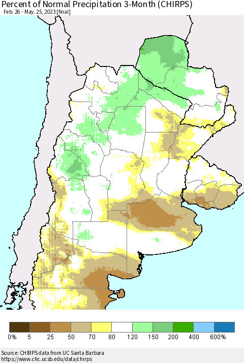 Southern South America Percent of Normal Precipitation 3-Month (CHIRPS) Thematic Map For 2/26/2023 - 5/25/2023