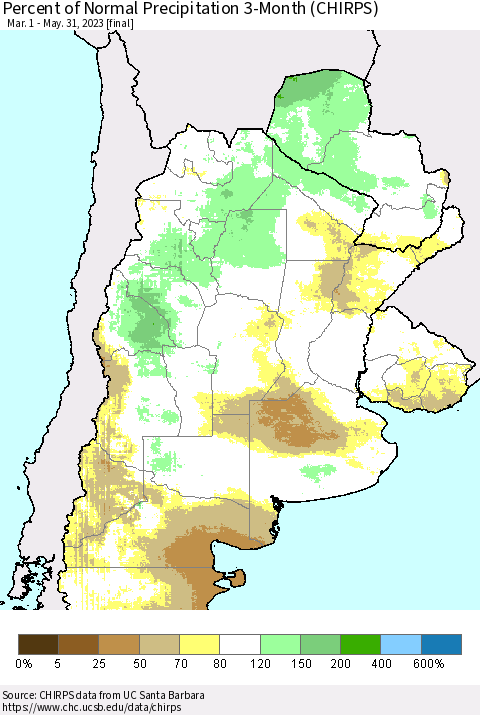 Southern South America Percent of Normal Precipitation 3-Month (CHIRPS) Thematic Map For 3/1/2023 - 5/31/2023