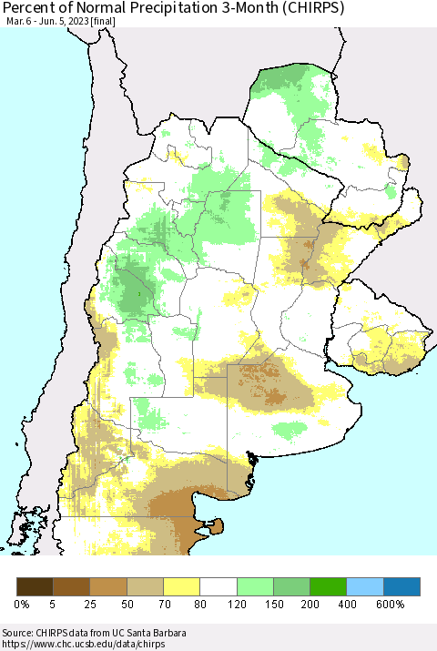 Southern South America Percent of Normal Precipitation 3-Month (CHIRPS) Thematic Map For 3/6/2023 - 6/5/2023
