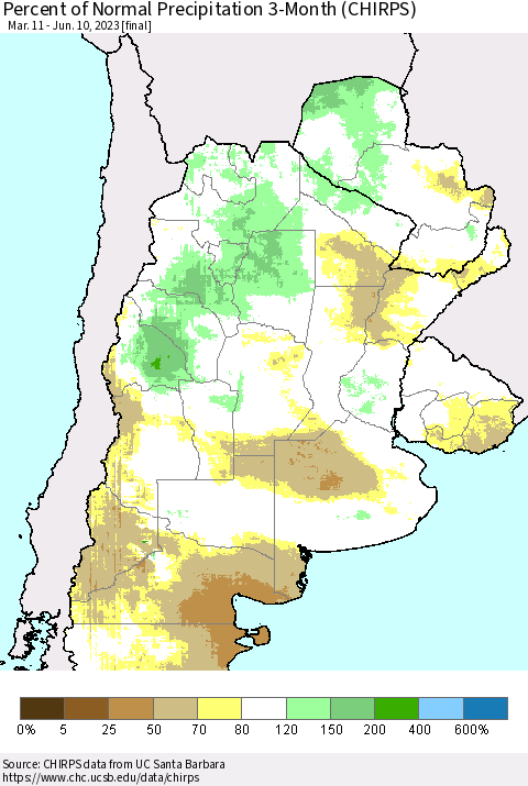 Southern South America Percent of Normal Precipitation 3-Month (CHIRPS) Thematic Map For 3/11/2023 - 6/10/2023