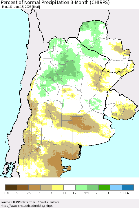 Southern South America Percent of Normal Precipitation 3-Month (CHIRPS) Thematic Map For 3/16/2023 - 6/15/2023