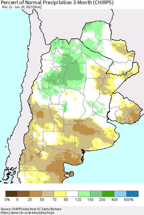 Southern South America Percent of Normal Precipitation 3-Month (CHIRPS) Thematic Map For 3/21/2023 - 6/20/2023