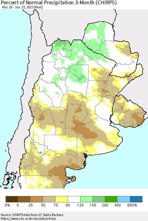 Southern South America Percent of Normal Precipitation 3-Month (CHIRPS) Thematic Map For 3/26/2023 - 6/25/2023
