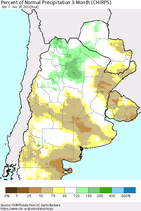 Southern South America Percent of Normal Precipitation 3-Month (CHIRPS) Thematic Map For 4/1/2023 - 6/30/2023