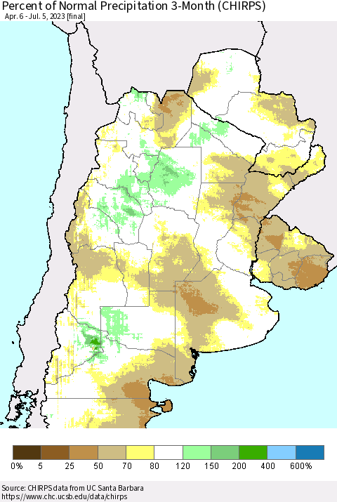Southern South America Percent of Normal Precipitation 3-Month (CHIRPS) Thematic Map For 4/6/2023 - 7/5/2023