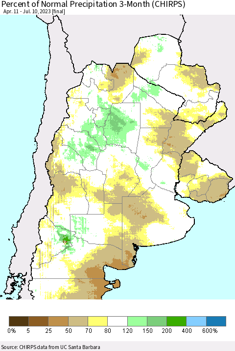Southern South America Percent of Normal Precipitation 3-Month (CHIRPS) Thematic Map For 4/11/2023 - 7/10/2023