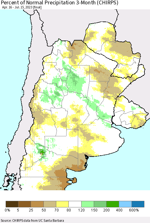 Southern South America Percent of Normal Precipitation 3-Month (CHIRPS) Thematic Map For 4/16/2023 - 7/15/2023