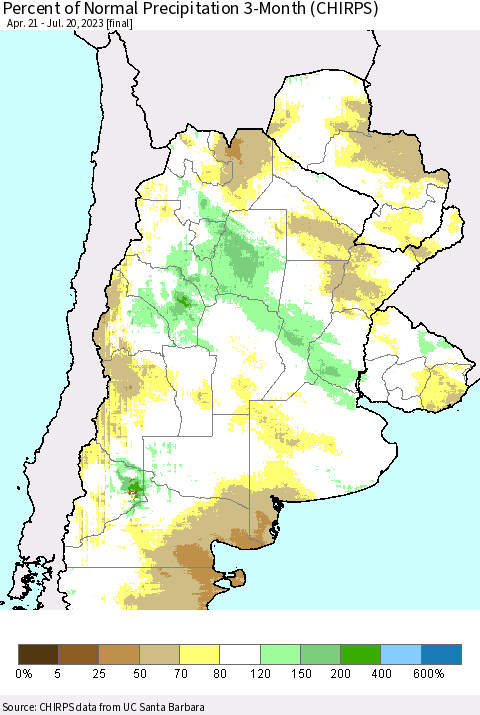 Southern South America Percent of Normal Precipitation 3-Month (CHIRPS) Thematic Map For 4/21/2023 - 7/20/2023
