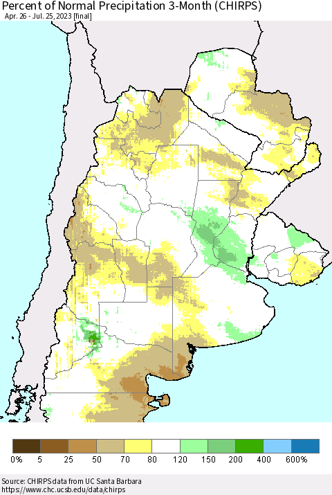 Southern South America Percent of Normal Precipitation 3-Month (CHIRPS) Thematic Map For 4/26/2023 - 7/25/2023