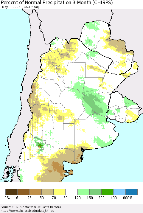Southern South America Percent of Normal Precipitation 3-Month (CHIRPS) Thematic Map For 5/1/2023 - 7/31/2023