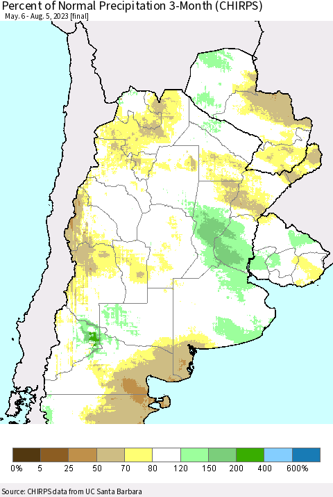 Southern South America Percent of Normal Precipitation 3-Month (CHIRPS) Thematic Map For 5/6/2023 - 8/5/2023