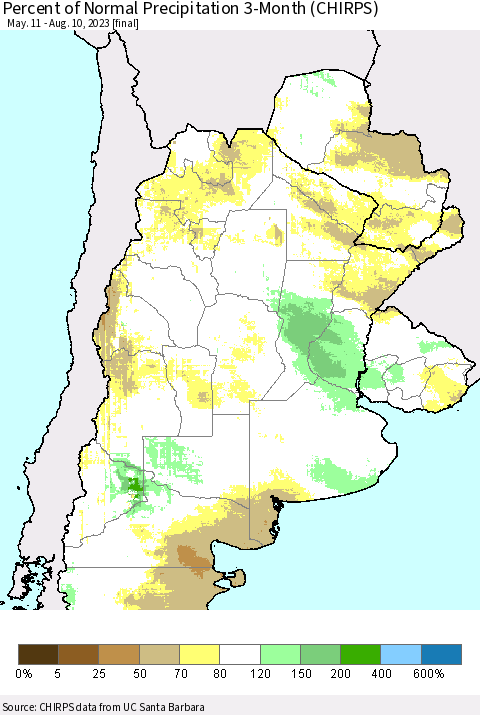 Southern South America Percent of Normal Precipitation 3-Month (CHIRPS) Thematic Map For 5/11/2023 - 8/10/2023