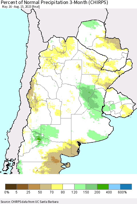 Southern South America Percent of Normal Precipitation 3-Month (CHIRPS) Thematic Map For 5/16/2023 - 8/15/2023