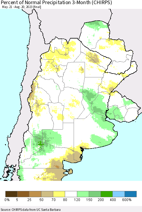 Southern South America Percent of Normal Precipitation 3-Month (CHIRPS) Thematic Map For 5/21/2023 - 8/20/2023
