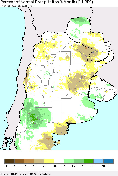 Southern South America Percent of Normal Precipitation 3-Month (CHIRPS) Thematic Map For 5/26/2023 - 8/25/2023