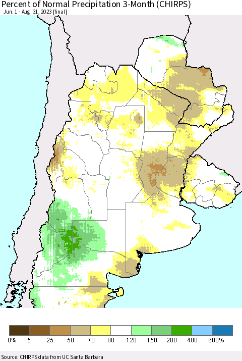 Southern South America Percent of Normal Precipitation 3-Month (CHIRPS) Thematic Map For 6/1/2023 - 8/31/2023