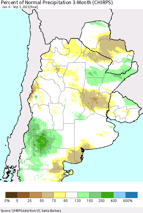 Southern South America Percent of Normal Precipitation 3-Month (CHIRPS) Thematic Map For 6/6/2023 - 9/5/2023
